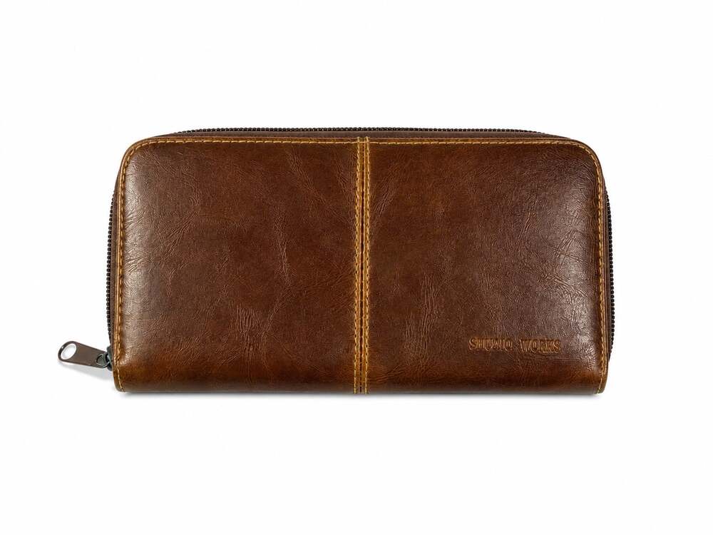 Studio Works Brown Faux Leather Zip Around Accordion Wallet Boho Minimalist